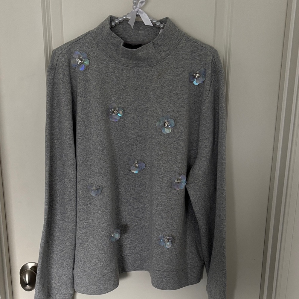 Talbots Light Gray Sweater with Pearl / Fun Be-jeweled Detail